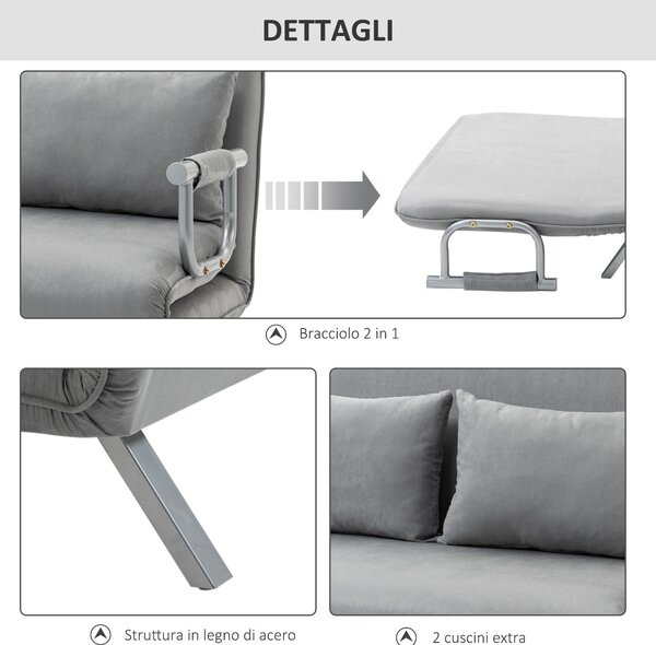 HOMCOM Divano Letto Singolo in Finta Pelle con Seduta Regolabile in 5 Posizioni, 105x80x78 cm, Grigio Chiaro