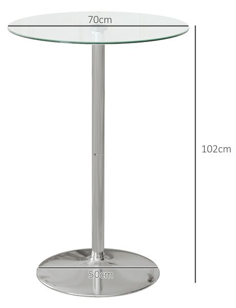 HOMCOM Tavolo Alto da Bar Moderno Rotondo con Base in Acciaio e Piano in Vetro, Ø70x102cm, Trasparente