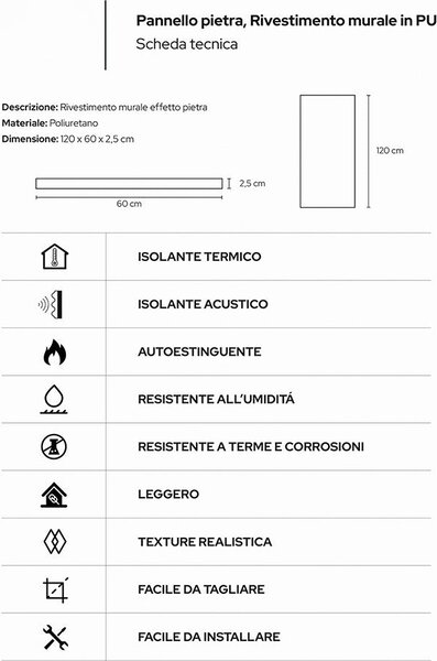 Divina Home Set 12 pz Pannello Decorativo Effetto Pietra Graffiata 3D 8,6 mt2 Rivestimento Murale in PU 120x60x2,5 colore Grigio Roccia - DH104792