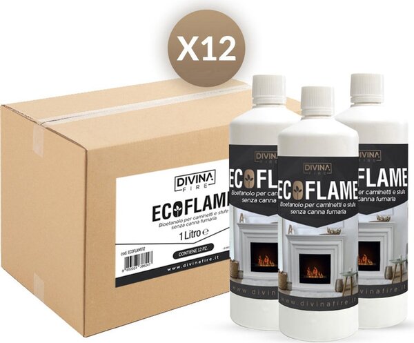 Divina Fire Set 12 Pezzi da 1 Litro Bioetanolo Combustibile Ecologico Naturale per Camini e Biocamini - ECOFLAME12