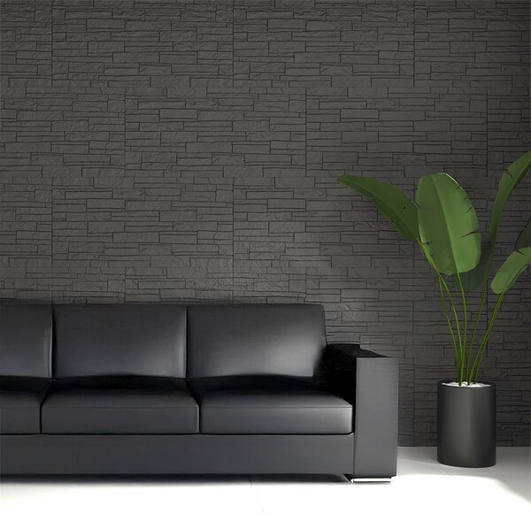 Set 12 Pannelli Decorativi Area 8,6 mq 120x60x2,5 cm Rivestimento Murale Effetto Mattoni in Pietra 3D in PU Grigio Ardesia