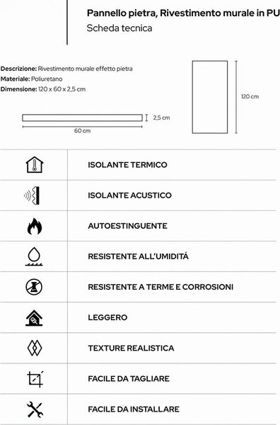 Divina Home Set 12 pz Pannello Decorativo Effetto Pietra Mattoni 3D 8,6 mt2 Rivestimento Murale in PU 120x60x2,5 colore Grigio Ardesia - DH104796