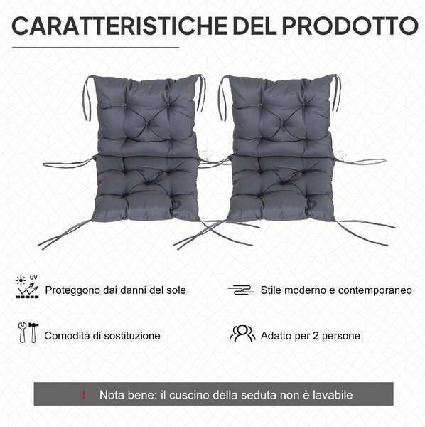 VivaGarden Set 2 Cuscini per Sedie da Esterno in Poliestere e Cotone con Lacci 50x98x8 cm colore Grigio