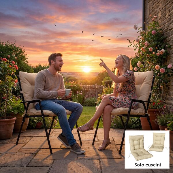 VivaGarden Set 2 Cuscini per Sedie da Esterno con Lacci di Fissaggio in Poliestere e Cotone 120x50x8 cm colore Beige