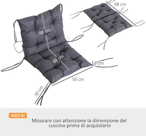 VivaGarden Set 2 Cuscini per Sedie da Esterno in Poliestere e Cotone con Lacci 50x98x8 cm colore Grigio