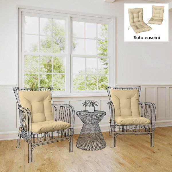 VivaGarden Set 2 Cuscini per Sedie da Esterno con Lacci di Fissaggio in Poliestere e Cotone 120x50x8 cm colore Beige