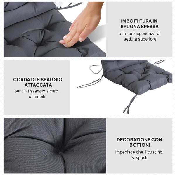 VivaGarden Set 2 Cuscini per Sedie da Esterno in Poliestere e Cotone con Lacci 50x98x8 cm colore Grigio