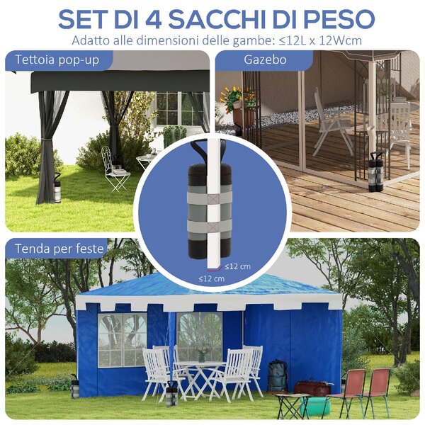 VivaGarden Set 4 Pesi per Gazebo Riempibili con Sabbia fino a 12 kg in Tessuto Oxford 168D 20x10x43 cm colore Nero e Grigio