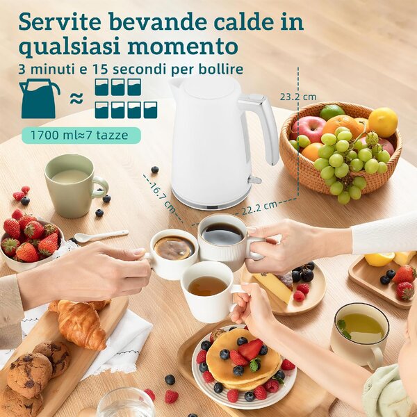 DecHome Set Bollitore Elettrico da 1.7L 2200W con Termostato e Tostapane Doppio con 7 Livelli di Doratura colore Bianco - W834WT