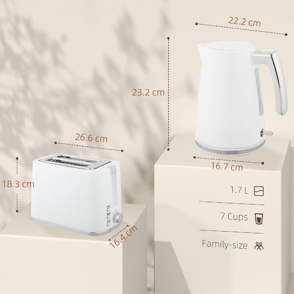 DecHome Set Bollitore Elettrico da 1.7L 2200W con Termostato e Tostapane Doppio con 7 Livelli di Doratura colore Bianco - W834WT