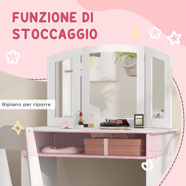 DecHome Set da Trucco per Bambini con Tavolo Toeletta, Specchio Triplo Rimovibile e Sedia in Legno colore Bianco