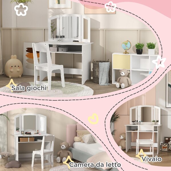 DecHome Set da Trucco per Bambini con Tavolo Toeletta, Specchio Triplo Rimovibile e Sedia in Legno colore Bianco