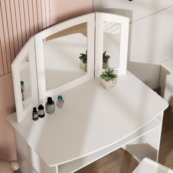 DecHome Set da Trucco per Bambini con Tavolo Toeletta, Specchio Triplo Rimovibile e Sedia in Legno colore Bianco