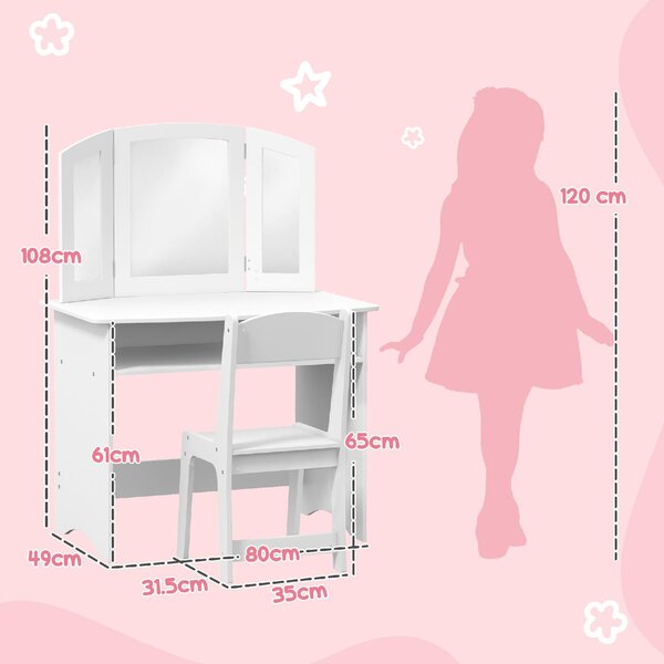DecHome Set da Trucco per Bambini con Tavolo Toeletta, Specchio Triplo Rimovibile e Sedia in Legno colore Bianco