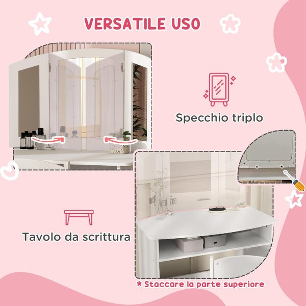 DecHome Set da Trucco per Bambini con Tavolo Toeletta, Specchio Triplo Rimovibile e Sedia in Legno colore Bianco