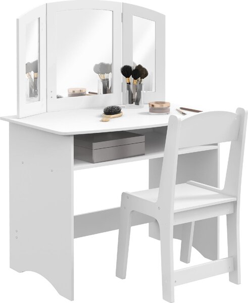 DecHome Set da Trucco per Bambini con Tavolo Toeletta, Specchio Triplo Rimovibile e Sedia in Legno colore Bianco