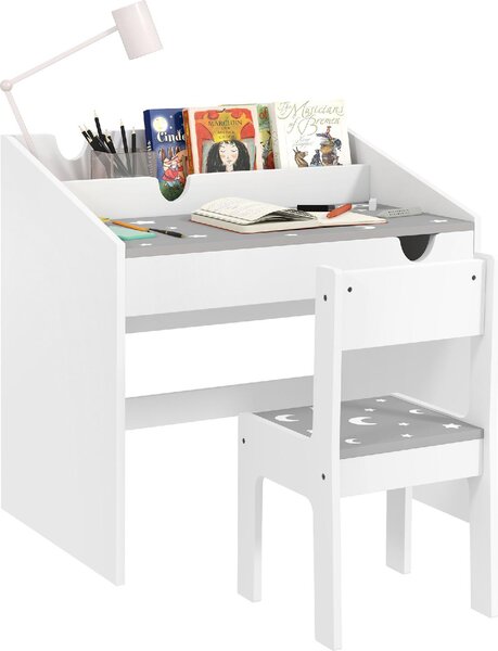 DecHome Set Sedia e Tavolino per Bambini 3-6 Anni con Organizzatore e Cassetto Estraibile, in Legno colore Grigio