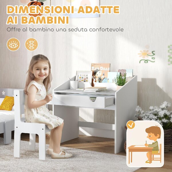 DecHome Set Sedia e Tavolino per Bambini 3-6 Anni con Organizzatore e Cassetto Estraibile, in Legno colore Grigio
