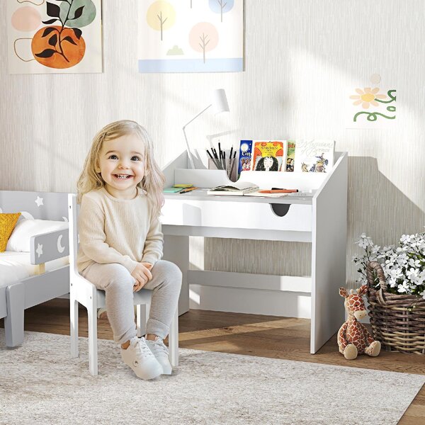 DecHome Set Sedia e Tavolino per Bambini 3-6 Anni con Organizzatore e Cassetto Estraibile, in Legno colore Grigio