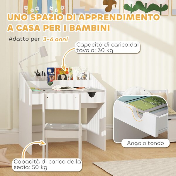 DecHome Set Sedia e Tavolino per Bambini 3-6 Anni con Organizzatore e Cassetto Estraibile, in Legno colore Grigio