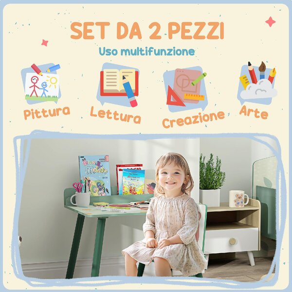 DecHome Set Sedia e Tavolino per Bambini con Ripiano Portaoggetti in MDF e Legno di Pino colore Verde