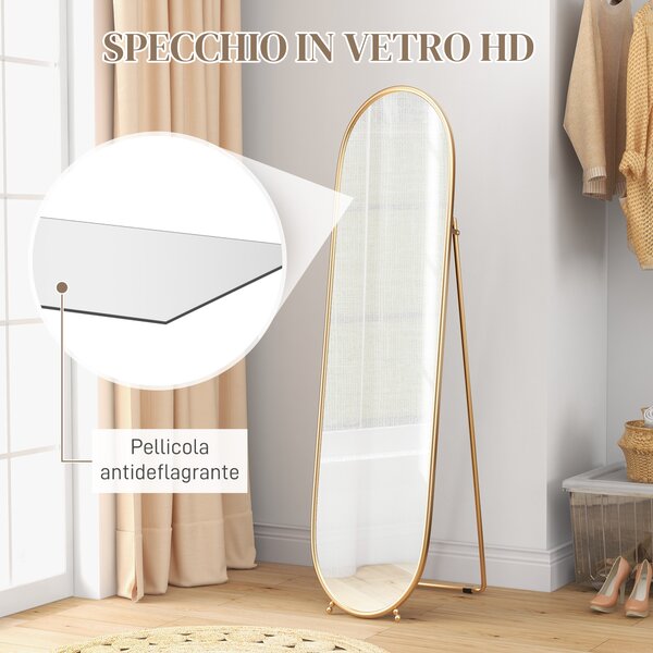HOMCOM Specchio Verticale Ovale da Terra o a Parete con Supporto, in Vetro e Metallo, 40x41x159 cm, Tonalità Oro