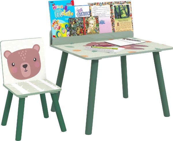 DecHome Set Sedia e Tavolino per Bambini con Ripiano Portaoggetti in MDF e Legno di Pino colore Verde