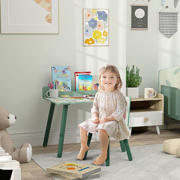 DecHome Set Sedia e Tavolino per Bambini con Ripiano Portaoggetti in MDF e Legno di Pino colore Verde