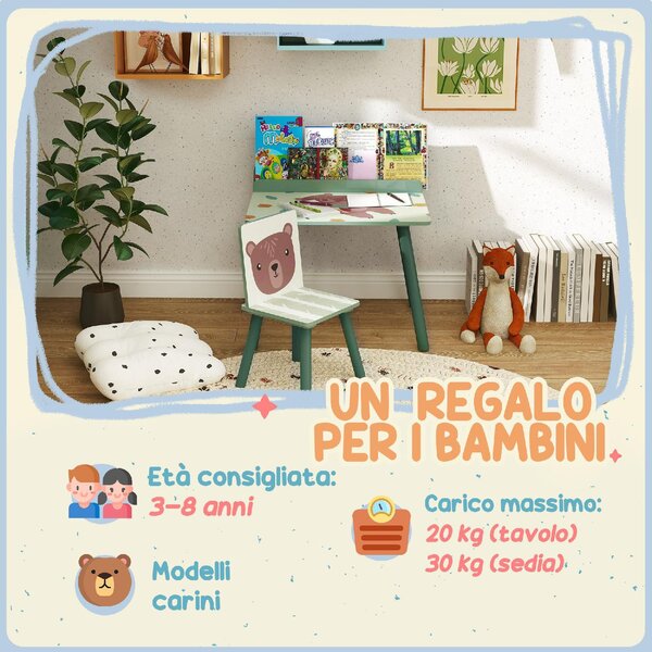 DecHome Set Sedia e Tavolino per Bambini con Ripiano Portaoggetti in MDF e Legno di Pino colore Verde