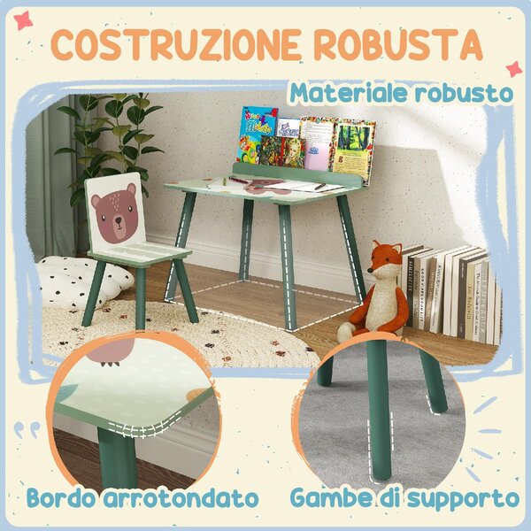 DecHome Set Sedia e Tavolino per Bambini con Ripiano Portaoggetti in MDF e Legno di Pino colore Verde