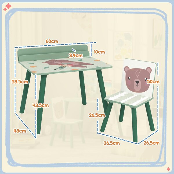 DecHome Set Sedia e Tavolino per Bambini con Ripiano Portaoggetti in MDF e Legno di Pino colore Verde