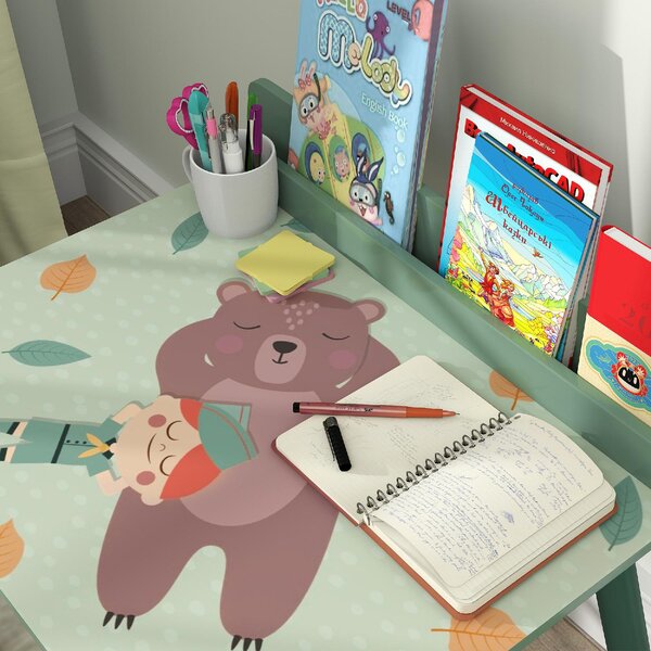 DecHome Set Sedia e Tavolino per Bambini con Ripiano Portaoggetti in MDF e Legno di Pino colore Verde