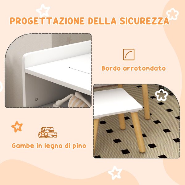 DecHome Set Tavolino per Bambini con Sgabello, Banchetto con Piano Reversibile e Rotolo di Carta colore Bianco