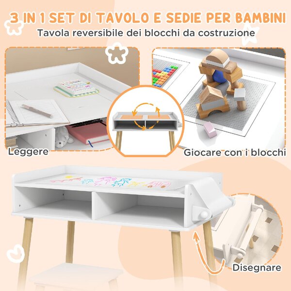 DecHome Set Tavolino per Bambini con Sgabello, Banchetto con Piano Reversibile e Rotolo di Carta colore Bianco