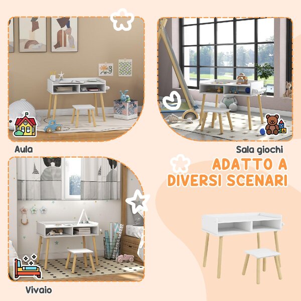 DecHome Set Tavolino per Bambini con Sgabello, Banchetto con Piano Reversibile e Rotolo di Carta colore Bianco