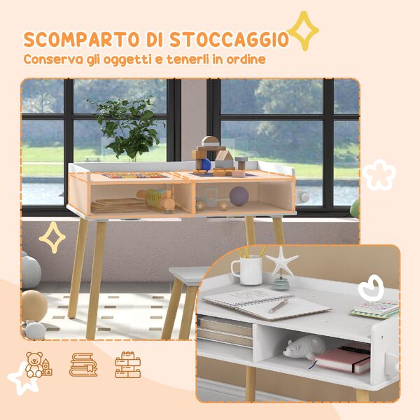 DecHome Set Tavolino per Bambini con Sgabello, Banchetto con Piano Reversibile e Rotolo di Carta colore Bianco
