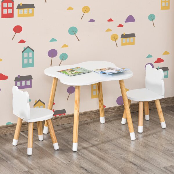 DecHome Set Tavolino con 2 Sedie per Bambini a Forma di Orsetto in Legno colore Bianco