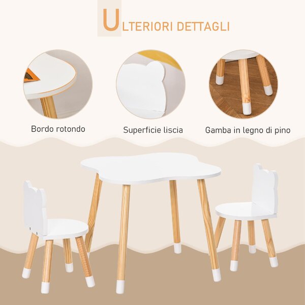 DecHome Set Tavolino con 2 Sedie per Bambini a Forma di Orsetto in Legno colore Bianco