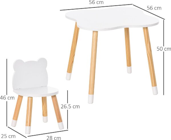 DecHome Set Tavolino con 2 Sedie per Bambini a Forma di Orsetto in Legno colore Bianco