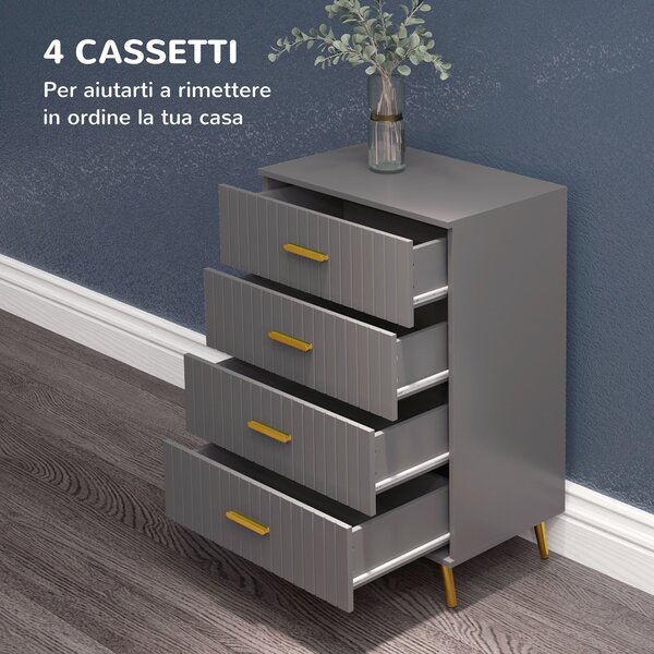 HOMCOM Cassettiera 4 Cassetti Moderna con Guide in acciaio e maniglie in alluminio, piedini antiscivolo,60x40x90 cm, oro Grigio Scuro|Aosom Italy