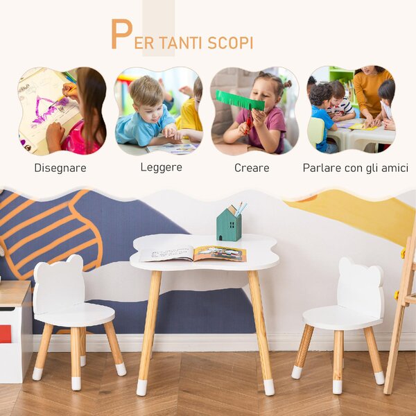 DecHome Set Tavolino con 2 Sedie per Bambini a Forma di Orsetto in Legno colore Bianco