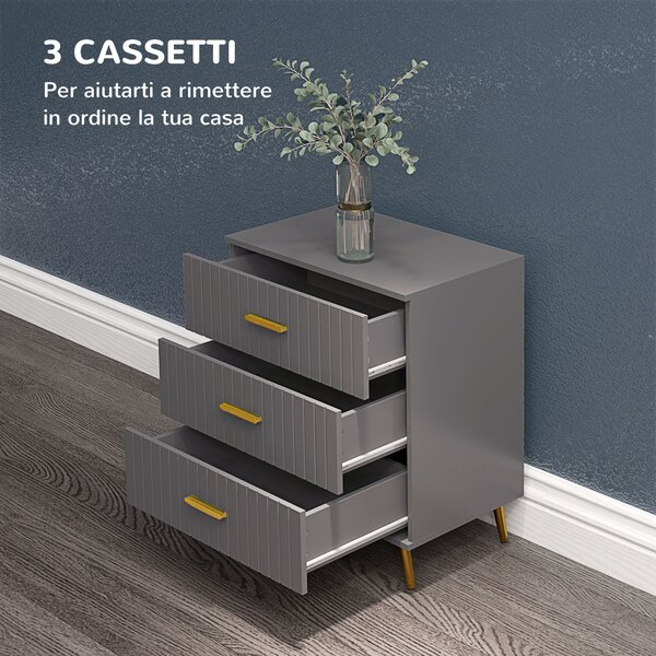 HOMCOM Cassettiera 3 Cassetti Moderna in Legno e Alluminio, 60x40x71.5 cm, Oro e Grigio Scuro | Aosom Italy