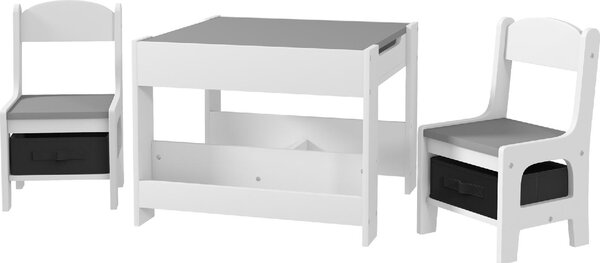 DecHome Set Tavolino per Bambini e 2 Sedie Piano del Tavolo 2 in 1 con Lavagna e Contenitori colore Grigio