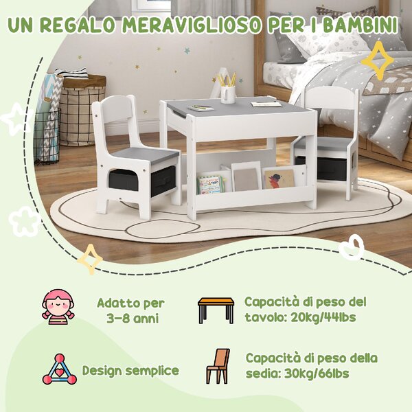 DecHome Set Tavolino per Bambini e 2 Sedie Piano del Tavolo 2 in 1 con Lavagna e Contenitori colore Grigio