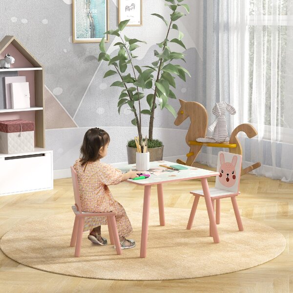 DecHome Set Tavolo e Sedie 3 Pezzi per Bambini da 3 Anni in MDF e Legno di Pino con Disegni di Animali colore Rosa