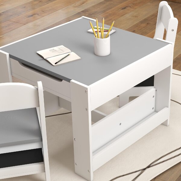 DecHome Set Tavolino per Bambini e 2 Sedie Piano del Tavolo 2 in 1 con Lavagna e Contenitori colore Grigio