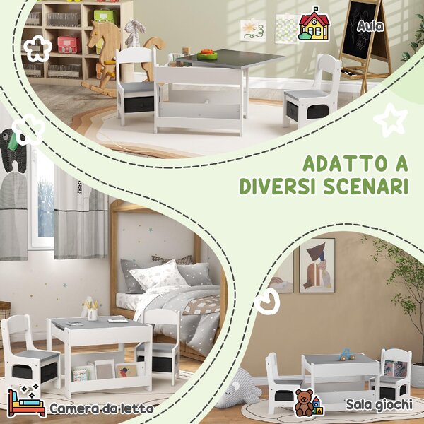 DecHome Set Tavolino per Bambini e 2 Sedie Piano del Tavolo 2 in 1 con Lavagna e Contenitori colore Grigio