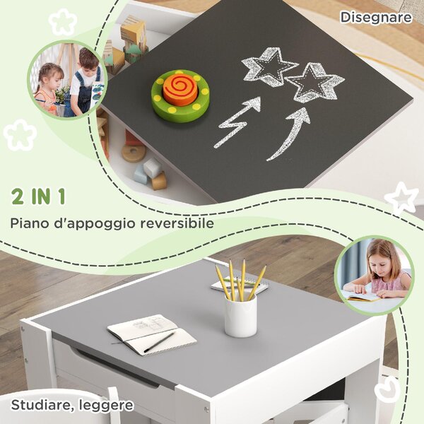 DecHome Set Tavolino per Bambini e 2 Sedie Piano del Tavolo 2 in 1 con Lavagna e Contenitori colore Grigio