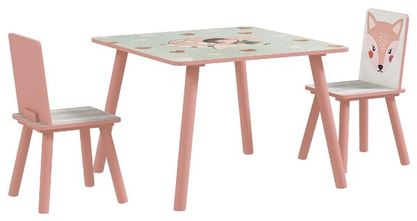 DecHome Set Tavolo e Sedie 3 Pezzi per Bambini da 3 Anni in MDF e Legno di Pino con Disegni di Animali colore Rosa
