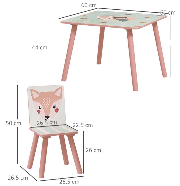 DecHome Set Tavolo e Sedie 3 Pezzi per Bambini da 3 Anni in MDF e Legno di Pino con Disegni di Animali colore Rosa